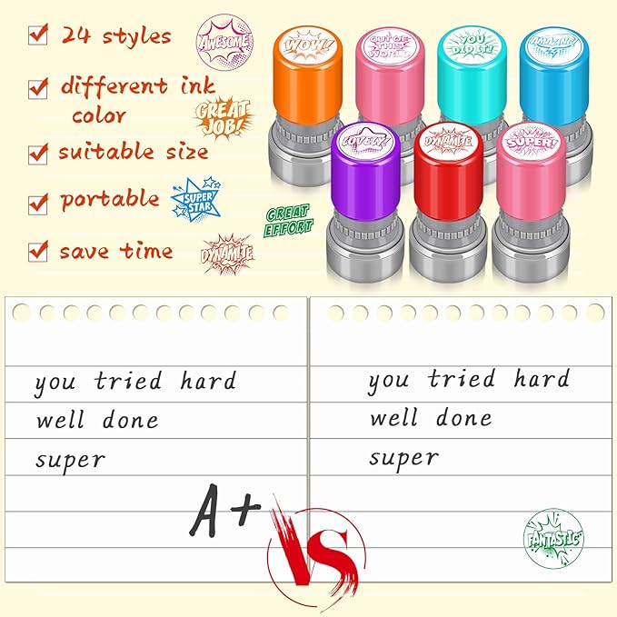 Yinder 24 Pcs Teacher Stamps for Classroom Self Inking Classroom Stamps Bulk for Teachers Elementary Colorful Motivational Encouraging Gifts(Hero)