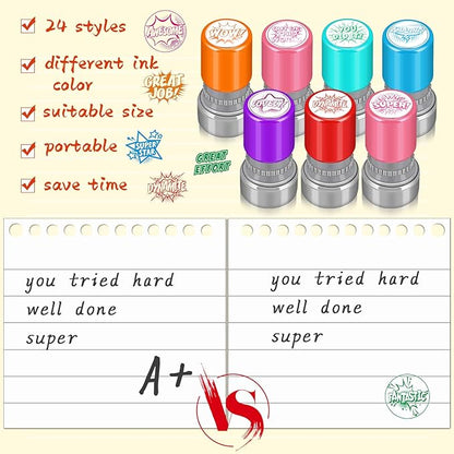 Yinder 24 Pcs Teacher Stamps for Classroom Self Inking Classroom Stamps Bulk for Teachers Elementary Colorful Motivational Encouraging Gifts(Hero)