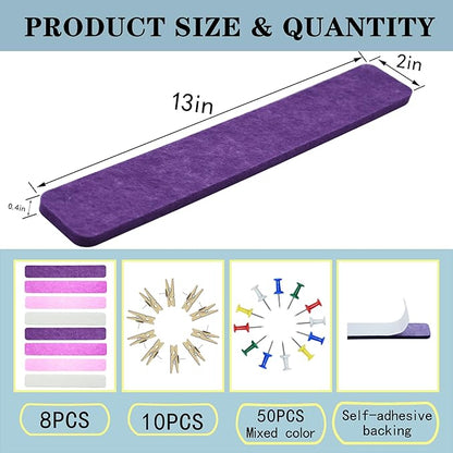 8Pcs Bulletin Board Strips, Purple Rose Felt Pin Board Bar Strips with 50 Pushpins, Self-Adhesive Felt Cork Board Strips for Wall to Display Your Notes, Photos, Schedules, Announcements