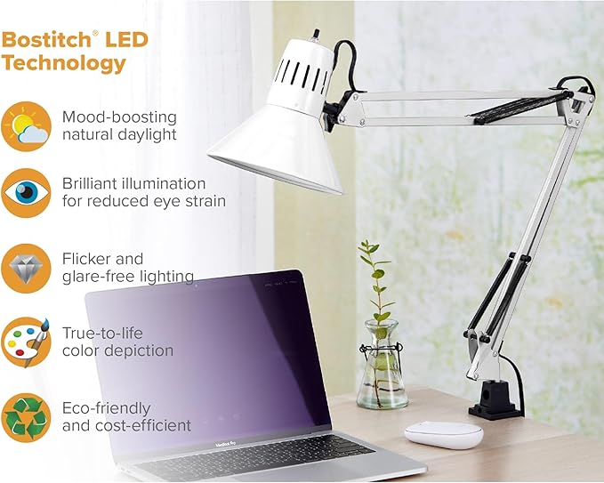 Bostitch Office VLF100-WHT Swing Arm Desk Lamp with Clamp Mount, 36" Reach with Multi-Joint Adjustment, Includes Replaceable LED Bulb (VLF), White