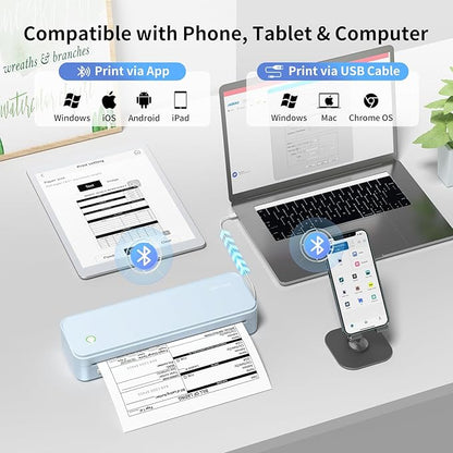 300DPI Portable Printer Wireless for Travel, Inkless Small Bluetooth Printers for Home Use, Compatible with Mobile Phone & Laptop, Support 8.5 x 11 Inch & A4 Thermal Printer Paper, Blue