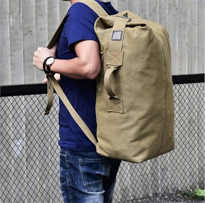 Military Duffel Bag Top Load Double Strap Canvas Backpack Army Travel (upgrade khaki small)