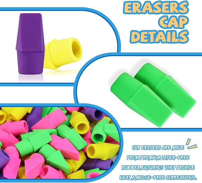 PRALB 400PCS Pencil Top Eraser Bulk Caps for Pencils,Chisel Shape Erasers Toppers Assorted Colors for Party Favors Games Prizes, Pencil Top Erasers Cap for Home School Classroom Office,Color 3