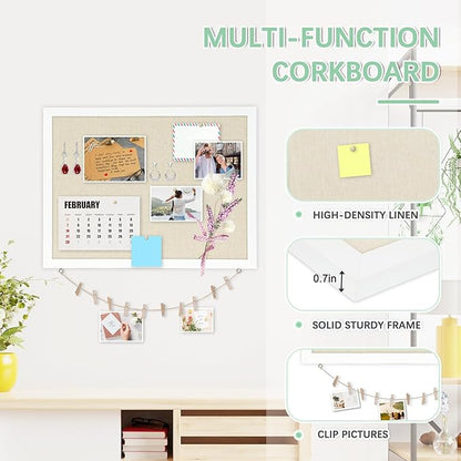 DOLLAR BOSS Cork Board Bulletin Board with Linen Double-Sided 36" x 24" Linen Corkboards for Walls Picture Display Vision Board for Office Home School Framed Picture Pin Board, 20 Pushpins 10 Clips