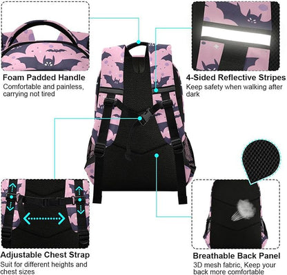 MNSRUU Laptop Backpack with Chest Strap, Cute Bats School Backpack, Travel Hiking Backpack for Boys Girls Teen Adult, Rucksack, Knapsack
