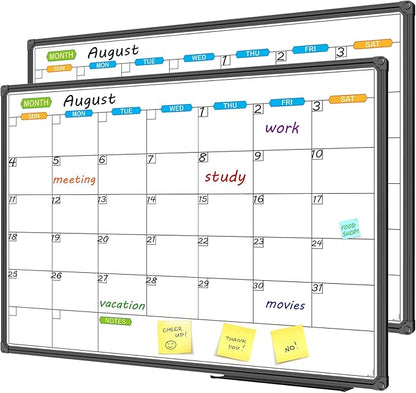 JILoffice Dry Erase Calendar Whiteboard - Magnetic White Board Calendar Monthly 36 X 24 Inch, 2 Pack, Black Aluminium Frame Wall Mounted Board for Office Home and School
