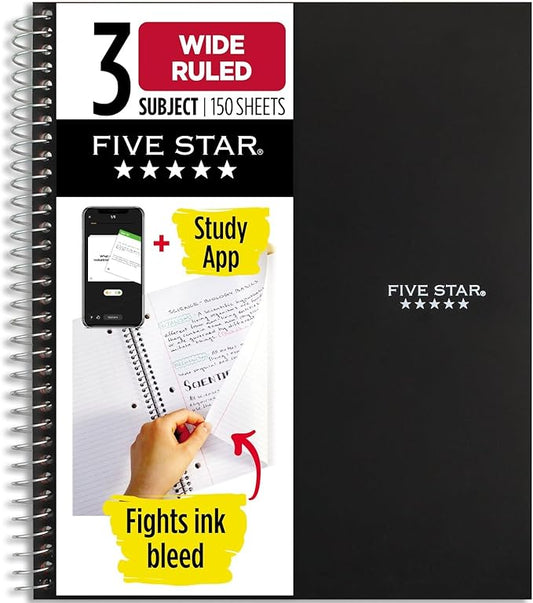 Five Star Spiral Notebook + Study App, 3 Subject, Wide Ruled Paper, 8" x 10-1/2", 150 Sheets, Black (73094)