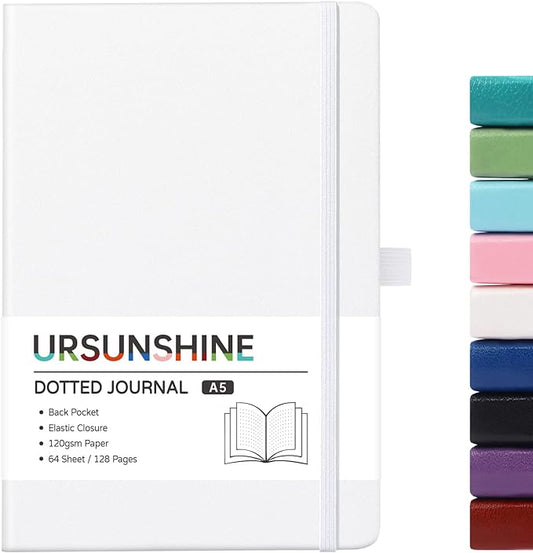 Dotted Journal/Notebook - Dot Grid Hard Cover Notebook, Premium Thick Paper with Fine Inner Pocket, Black Smooth Faux Leather, Pen Loop, 5.3'' x 8.26'' - White