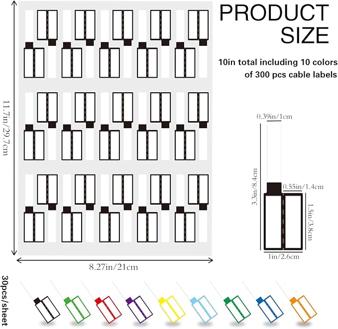 300 PCS Cable Labels,10 Colors Waterproof Cable Tags Wire Labels for Cable Management,Color Border Cord Labels Can Write On,Self Adhesive Wire Labels