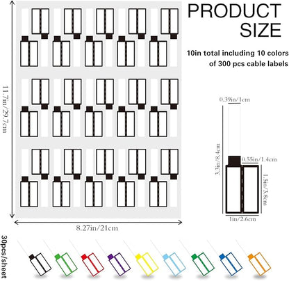 300 PCS Cable Labels,10 Colors Waterproof Cable Tags Wire Labels for Cable Management,Color Border Cord Labels Can Write On,Self Adhesive Wire Labels