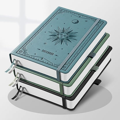 EMSHOI A5 Hardcover Leather Journal - 320 Pages, 100GSM Thick Notebook Lined Journal for Writing Women & Men, College Ruled, Sun Design- Light Blue (5.75" x 8.38")