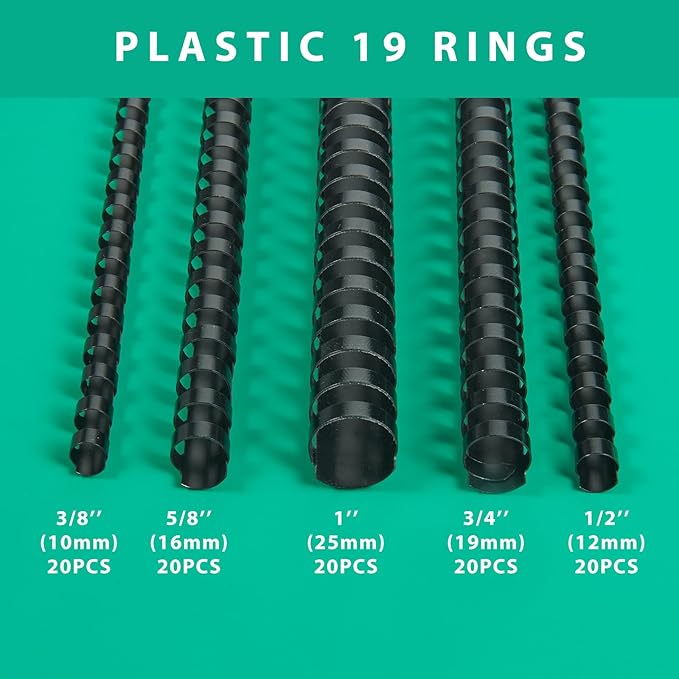 TOTiyea 100 Pack 19 Ring Binding Combs, Multi Sizes, 3/8 Inch, 1/2 Inch, 5/8 Inch, 3/4 Inch, 1 Inch, Letter Size, Black Binding Comb Spines Set