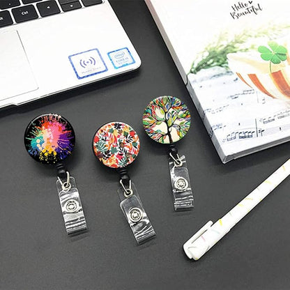 Retractable ID Badge Holder Nurse Badge Reels with Clip Name Card Holders for Office Worker Doctor Nurse (Tree Leaf Burst 3 Pack)