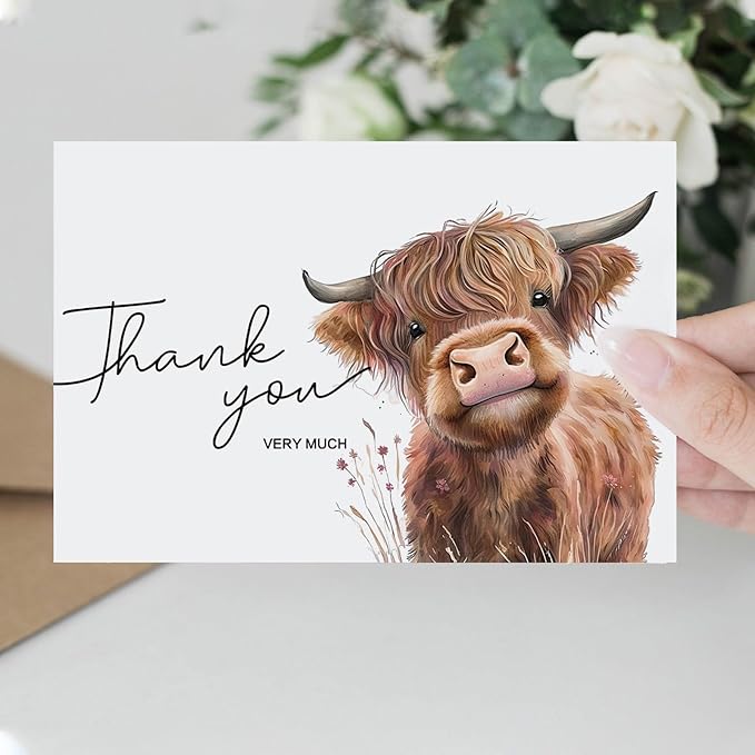 25Pcs Highland Cow Thank You Cards with Envelopes, 4x6 In Farm Cute Watercolor Design Highland Cow Greeting Cards Sympathy Cards Bulk for Wedding, Baby & Bridal Shower - with Sticker
