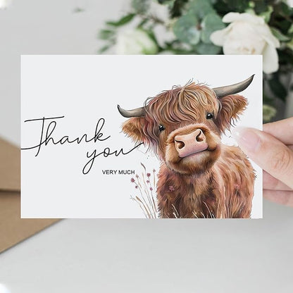 25Pcs Highland Cow Thank You Cards with Envelopes, 4x6 In Farm Cute Watercolor Design Highland Cow Greeting Cards Sympathy Cards Bulk for Wedding, Baby & Bridal Shower - with Sticker