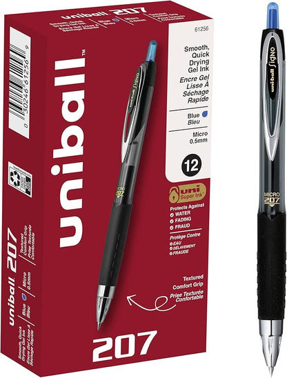 Uni-Ball® 207™ Retractable Fraud Prevention Gel Pens, Micro Point, 0.5 mm, Black Barrels, Blue Ink, Pack Of 12