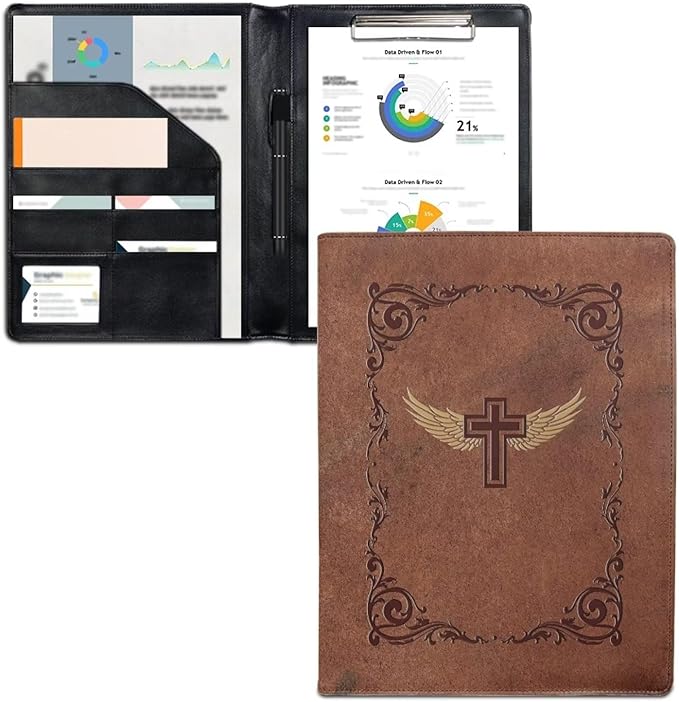 Christian Cross PU Leather Padfolio Clipboard Clip Business Resume Portfolio A4 Folder Interview Legal Document Organizer Business Card Holder Letter Sized Writing Pad