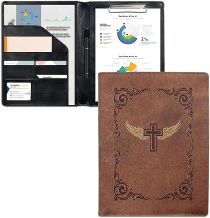 Christian Cross PU Leather Padfolio Clipboard Clip Business Resume Portfolio A4 Folder Interview Legal Document Organizer Business Card Holder Letter Sized Writing Pad