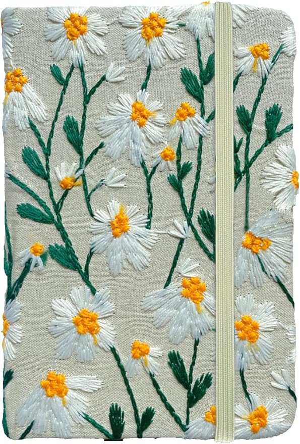 Pocket Journal, Small Notebook, A6 Sketchbook, 4x6, Unlined, Flower Embroidered Notebook, Blank, Hardcover, Lay Flat, Elastic Band, Beautiful Journal, Daisy Gifts for Women, White Daisy