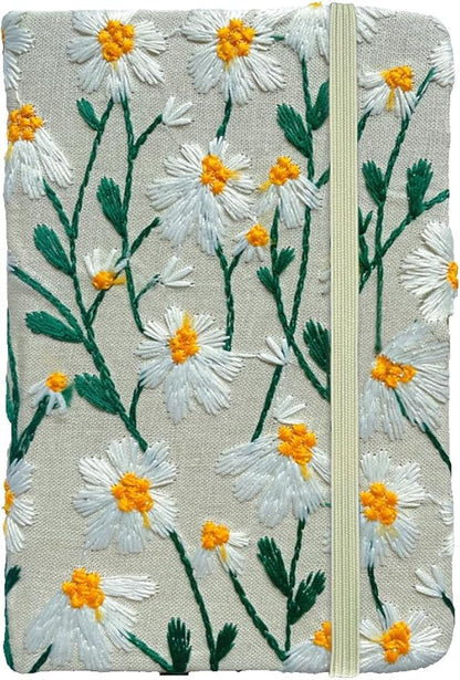Pocket Journal, Small Notebook, A6 Sketchbook, 4x6, Unlined, Flower Embroidered Notebook, Blank, Hardcover, Lay Flat, Elastic Band, Beautiful Journal, Daisy Gifts for Women, White Daisy