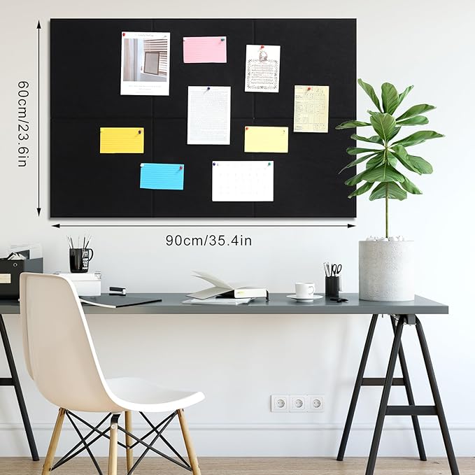 Large Cork Board 36" x 24", 6 Pack Felt Wall Tiles with Colored 30 Pcs Pushpins, Black Bulletin Board with Removable Self-Adhesive Strips, Pin Board Cork Boards for Walls Office Home- Black