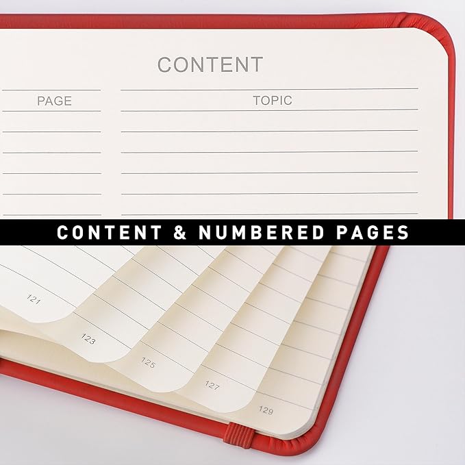 RETTACY Journaling Notebooks, A5 Lined Journal Notebook with 192 Numbered Pages, 5.7'' × 8.3'' Medium Size, for Writing, Work, Office, Leather Hardcover, 100 GSM Thick Paper (Red)