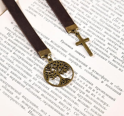 Bookmarks, Handmade Retro Cross Tree of Life Bible Bookmark with Long Leather Straps, Christian Saint Book Mark, Ideal Christian Gift (Style 13)