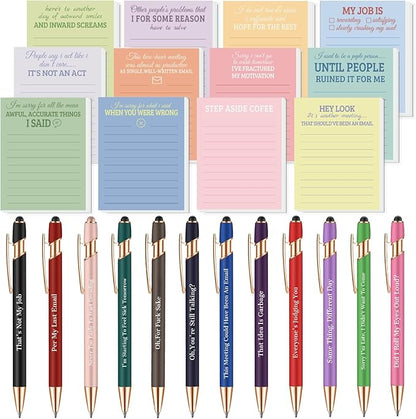Snarky Funny Office Notepads Pens,24 Pcs Negative Sarcastic Hilarious Quotes Work Ballpoint Pens with Stylus Tip Sticky Notes for Colleague Co-workers Gift