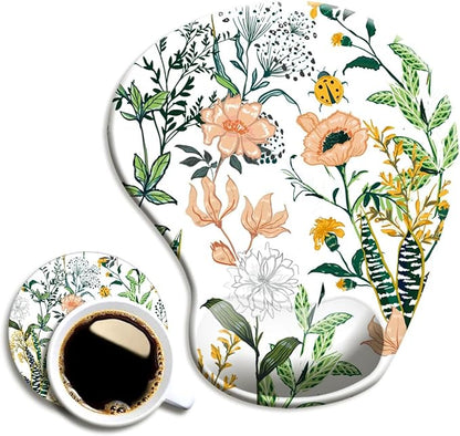 Ergonomic Mouse Pad with Wrist Support, Cute Mouse Pads with Non-Slip PU Base for Home Office Working Studying Easy Typing & Pain Relief Beautiful Floral