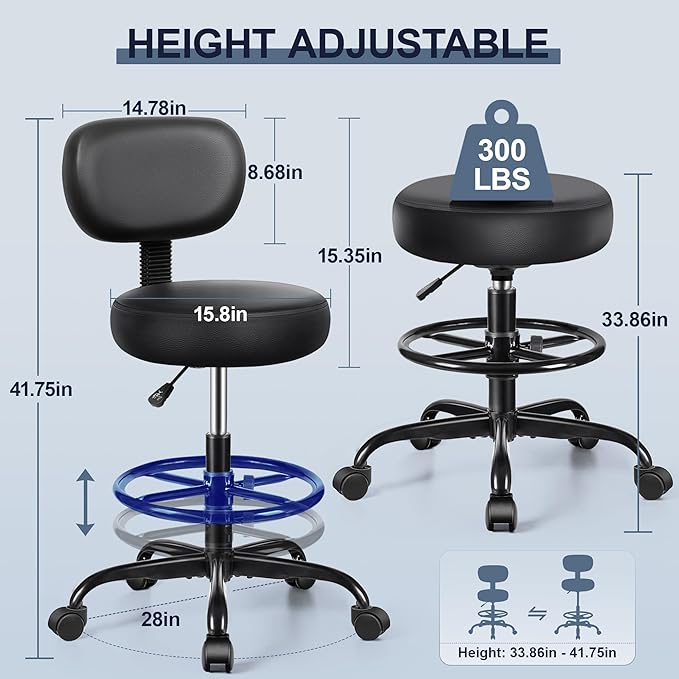 Drafting Chair with Backrest – Adjustable Foot Rest Rolling Stool with Wheels, PU Leather Swivel Stool for Office Spa Studio Lab Counter Salon Home Work Bar Kitchen Shop(Black)