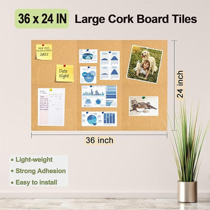 6 Packs Cork Board Tiles 12" x 12", 0.35" Thick Self-Adhesive Cork Boards for Walls with 50 Push Pins, Square Bulletin Boards Cork Tiles for Home Office Decorative