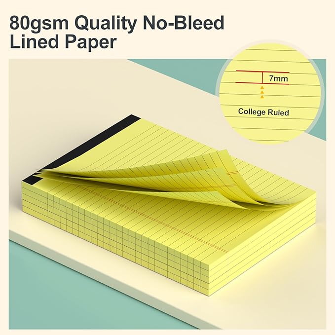 Small Note Pads 5x8 Yellow – 4 Pack, 80gsm Premium Thick Paper, 30 Sheets/ 60 Pages Per Pad, Perforated Pages Narrow Ruled Writing Pad, College Ruled Legal Notepads 5x8 for Homework, Office, Business