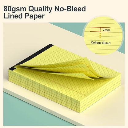 Small Note Pads 5x8 Yellow – 4 Pack, 80gsm Premium Thick Paper, 30 Sheets/ 60 Pages Per Pad, Perforated Pages Narrow Ruled Writing Pad, College Ruled Legal Notepads 5x8 for Homework, Office, Business