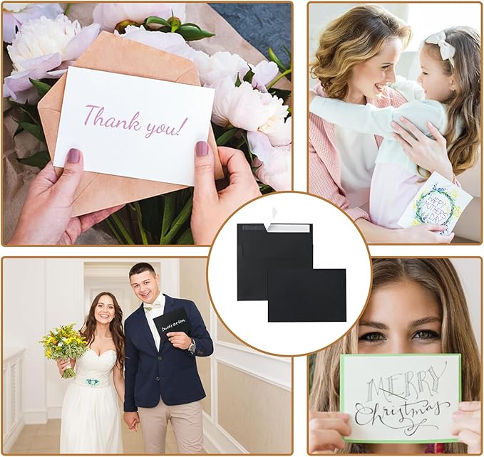 100 Packs Black Blank Greeting Cards and Envelopes 4 x 6 Heavyweight Single Panel Cardstock and A4 Envelopes Printable Self Seal for Graduations, Wedding Invitations, Thanksgiving Cards