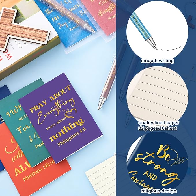 200 Pcs Bible Verse Sets Church Christian Gift Include 50 Scripture Notebooks 50 Bible Bamboo Pens 50 Thanks Tags 50 Organza Bags for Women Man Christian Party Gifts(Colorful,Novel)