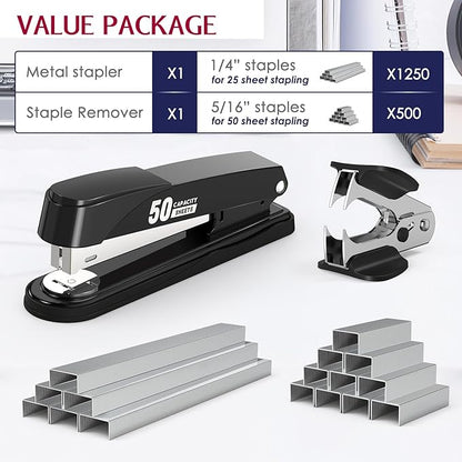 Metal Stapler Heavy Duty 50 Sheet Capacity with 1750 Staples and Staple Remover, Full Strip Staplers for Desk, No Jam, Non-Slip Office Stapler with Staples for Office & Classroom, Black