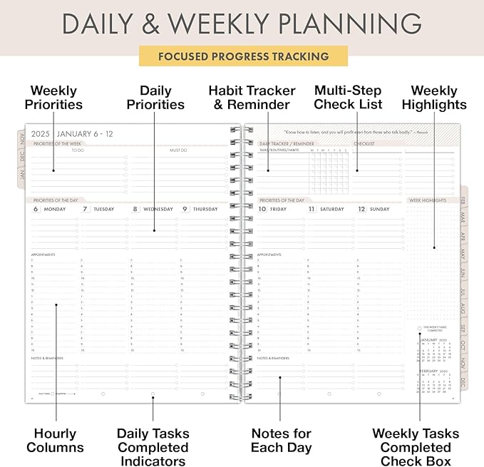 Essential PRO 2025 Daily, Weekly & Monthly Planner, 8.5"x11": 14 Months (Nov 2024 - Dec 2025) Monthly Tabs,Daily Tracking,Notes Pages,Storage Pocket,Bookmark w Sticky Notes (Teal Floral)