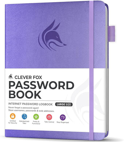 Clever Fox Password Book with Alphabetical tabs. Internet Address Organizer Logbook. Large Password Keeper for Website Logins (Lavender)