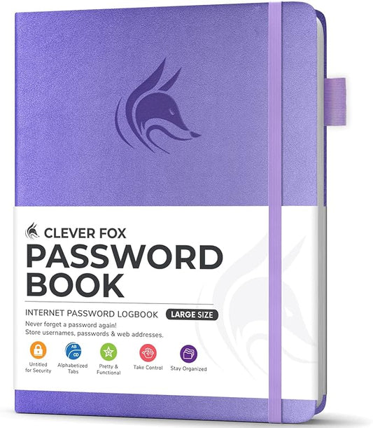 Clever Fox Password Book with Alphabetical tabs. Internet Address Organizer Logbook. Large Password Keeper for Website Logins (Lavender)