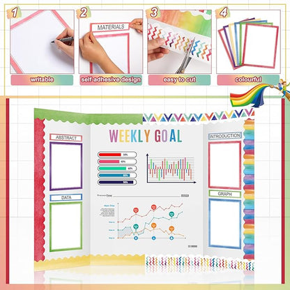 90 Pcs Science Fair Board Supplies 60 Trim Scalloped Bulletin Board Borders 24 Presentation Board Subtitles 6 Science Fair Titles for Classroom Display Boards (Watercolor)