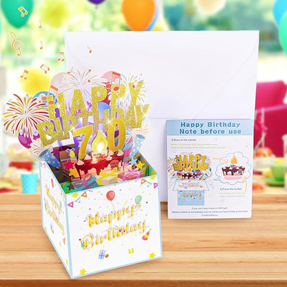 Tnvee 70TH Birthday Cards with Lights & Music & Candle, 3D Large Pop Up Happy Birthday Cards for Women Man Greeting Cards Decorations for 70 Years Old Mom Dad Grandparents