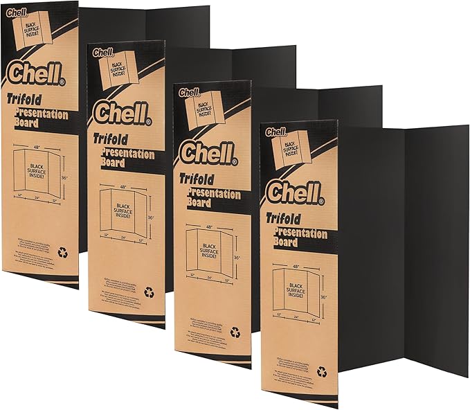Chell 36" x 48" Trifold Poster Board, 4 Pack, Black Corrugated Project Boards for Science Fair, School Projects, Event Displays and Business Presentations