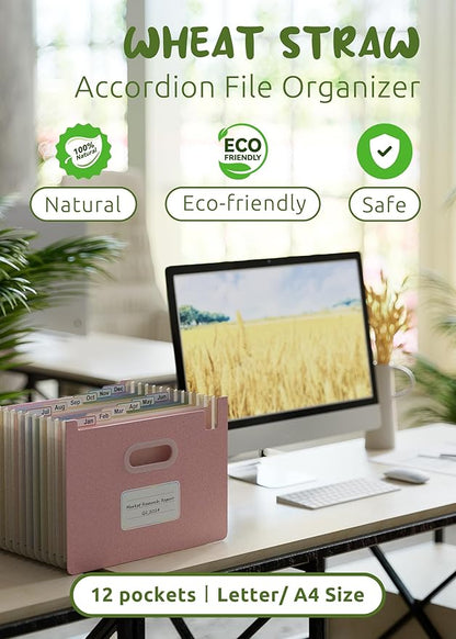 Accordion File Organizer, 12 Pockets Wheat Straw Expanding File Folders, Upright&Open Top, Monthly Bill Receipt Organizer, 100%BPA Free, Return to Nature, Healthy Living,Letter/A4 Size-Strawberry Pink