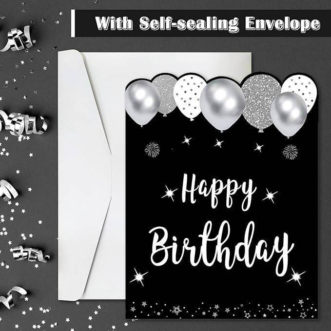 Jumbo Birthday Card with Envelope, Giant Guest Book Happy Birthday Greeting Cards, Large Birthday Card Gifts Party Supplies, Black White Silver Extra Big Birthday Card Decor