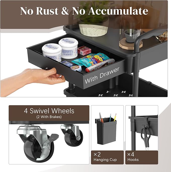 Rolling Utility Cart with Drawer 3 Tier, Utility Storage Organizer with Plastic Shelf & Lockable Wheels Multifunctional Storage Cart for Kitchen, Bathroom, Office, Living Room, Black