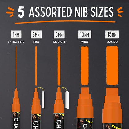 5 Orange Chalkboard Chalk Markers - Orange Dry Erase Markers for Blackboard, Chalkboard Signs, Windows, Glass | Variety Pack - Fine & Jumbo Size Ink Pen (1mm, 3mm, 6mm, 10mm, 15mm)
