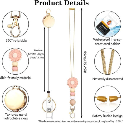 Colorful ID Badge Holder with Silicone Beads Lanyard Set,Cute Teacher Breakaway Lanyard for Keys & Keychain with Cute Retractable Badge Reel Holder,Gift for Women,Nurse, Teacher. (Pink Daisy)