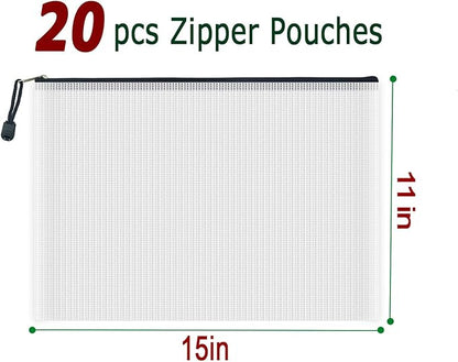 AUSTARK 20 Pcs Zipper File Bags, Plastic Mesh Pouch, Board Game Storage, Waterproof Bags for Office School (B4 Size 15''x11'', White and Black)