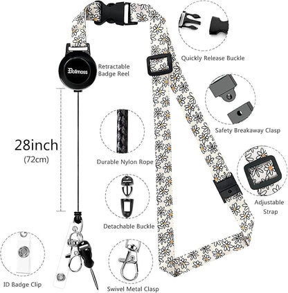 bolimoss Floral ID Name Badge Card Holder, Leather Badge Holder with Adjustable Retractable Lanyards, Breakaway Lanyards with Swivel Metal Clasp for Women Nurse Teacher Student
