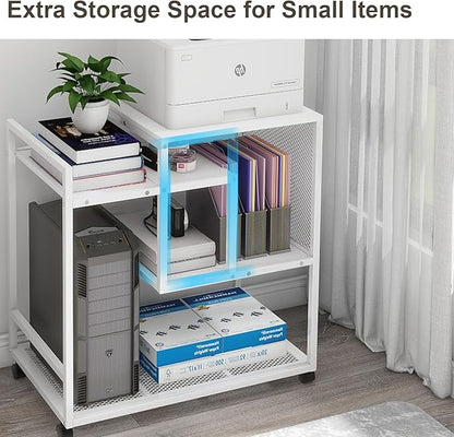 Natwind Mobile Printer Stand with Wheels,Computer Host Cart,PC Tower Stand, Multi-Functional Organizer Shelf for Shredder, Scanner, CPU,File Papers and Other Office Supplies (White)